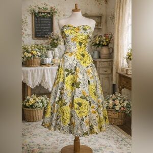 Vintage 1950’s yellow, green, & cream, strapless, silk, floral, dress